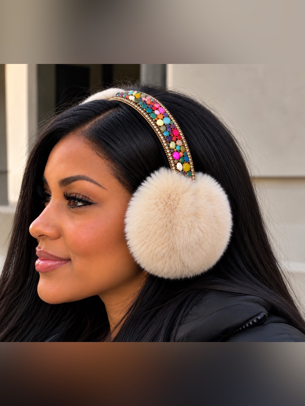 Winter Warm Soft Fuzzy Bejeweled Earmuffs – Beige | Brand New